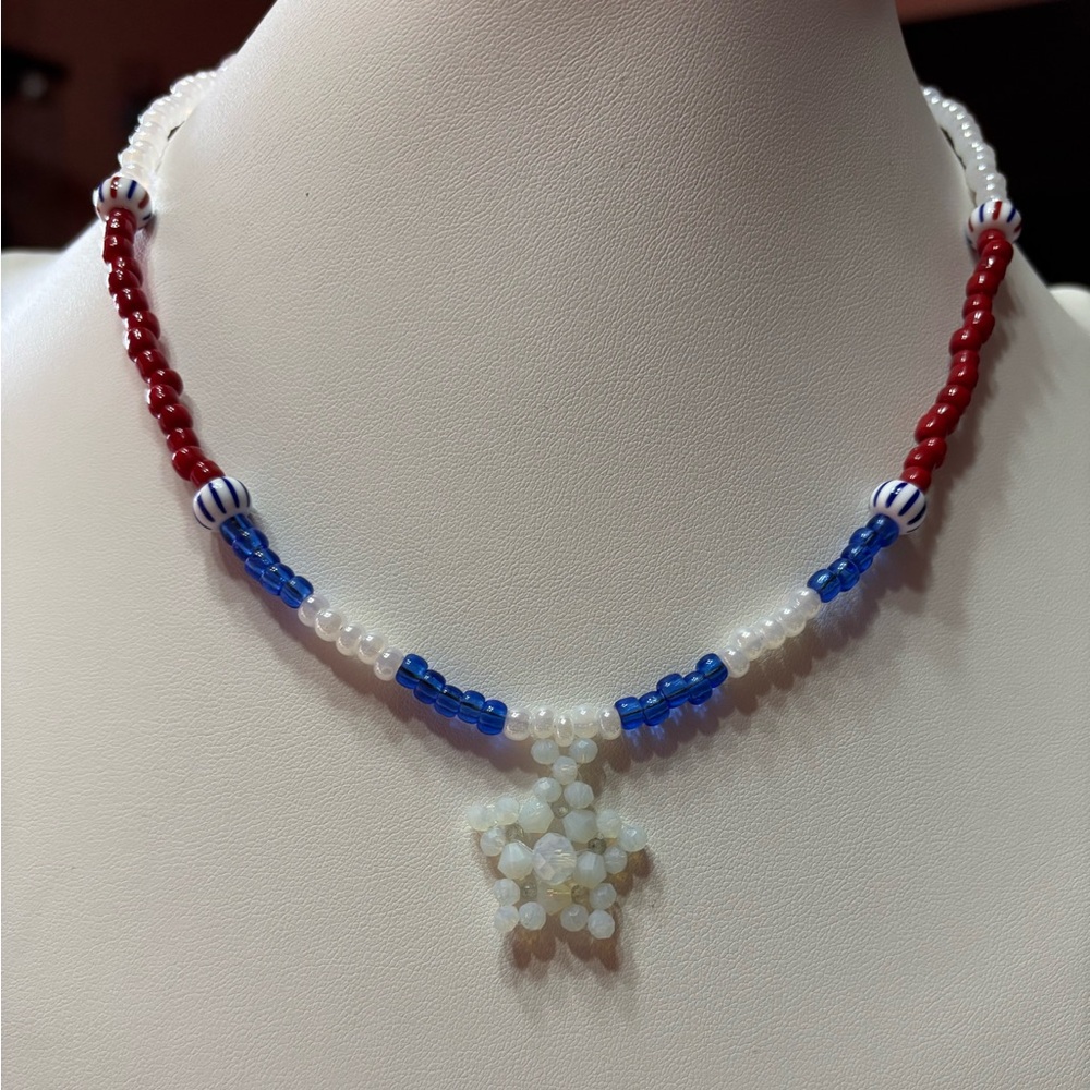 Handmade Seedbead Necklace Red White and Blue Beads 16 inches